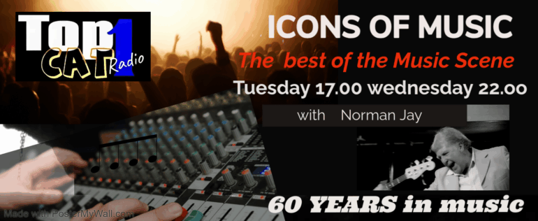 Banner of Icons of Music Test reads: ICONS OF MUSIC The best of the Music Scene Tuesday 17.00 Wednesday 22.00 with Norman Jay 60 Years in Music