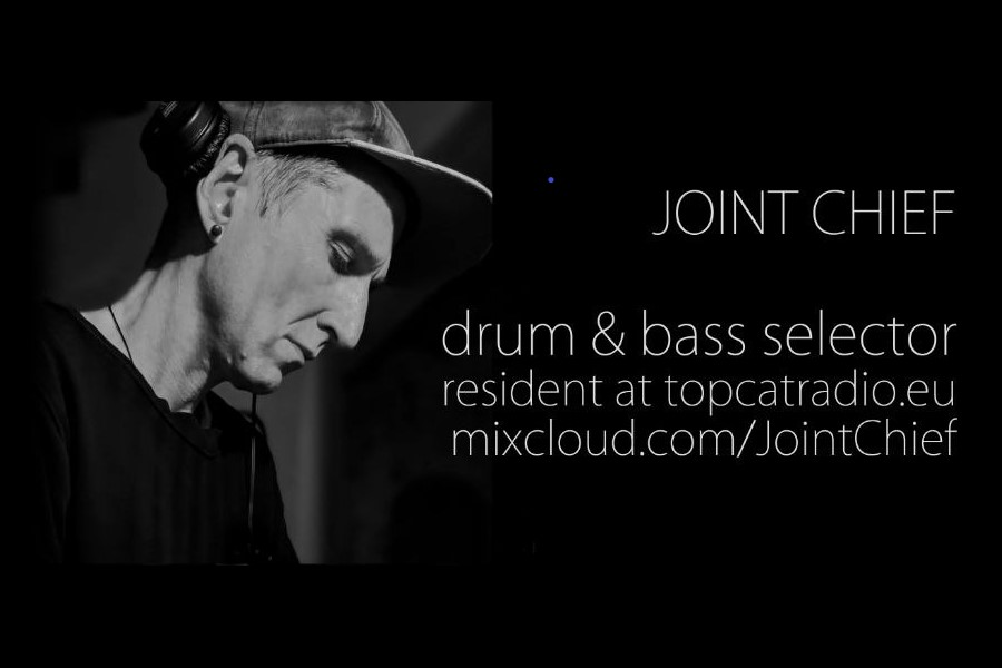 Black and white photo of Joint Chief Text: drum & bass selector resident at topcatradio.eu mixcloud.com/JointChief.