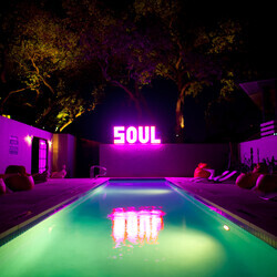 Night-time image of pink neon sign saying "SOUL" reflected in a swimming pool.