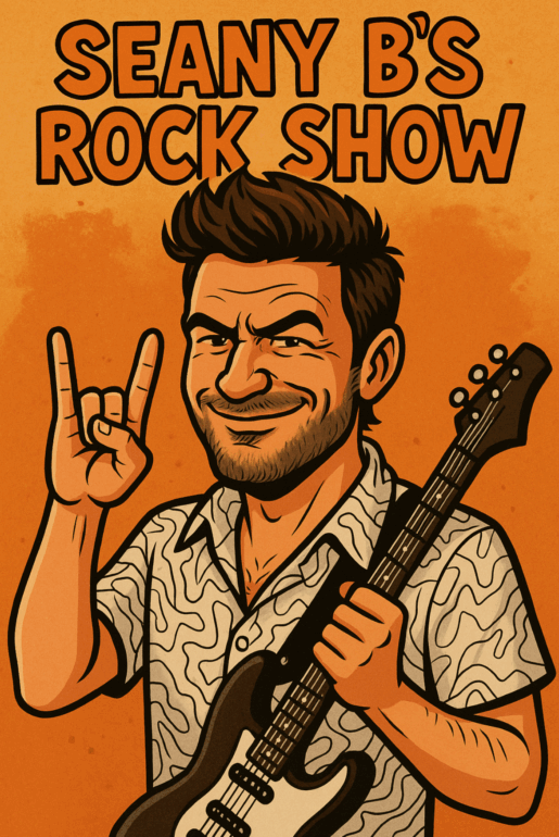 Cartoon of Seany B doing a horns hand gesture and holding a guitar.